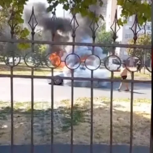 The vehicle was destroyed while in motion; driver's insurance status unknown