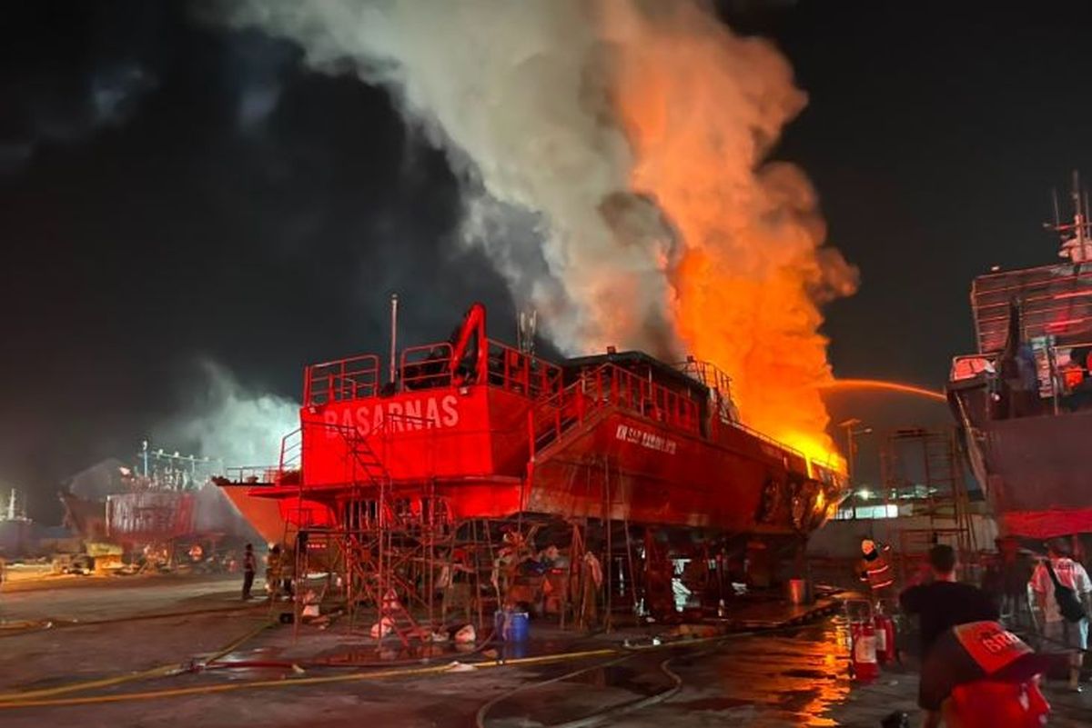 The vessel was docked for maintenance in Jakarta; no casualties reported