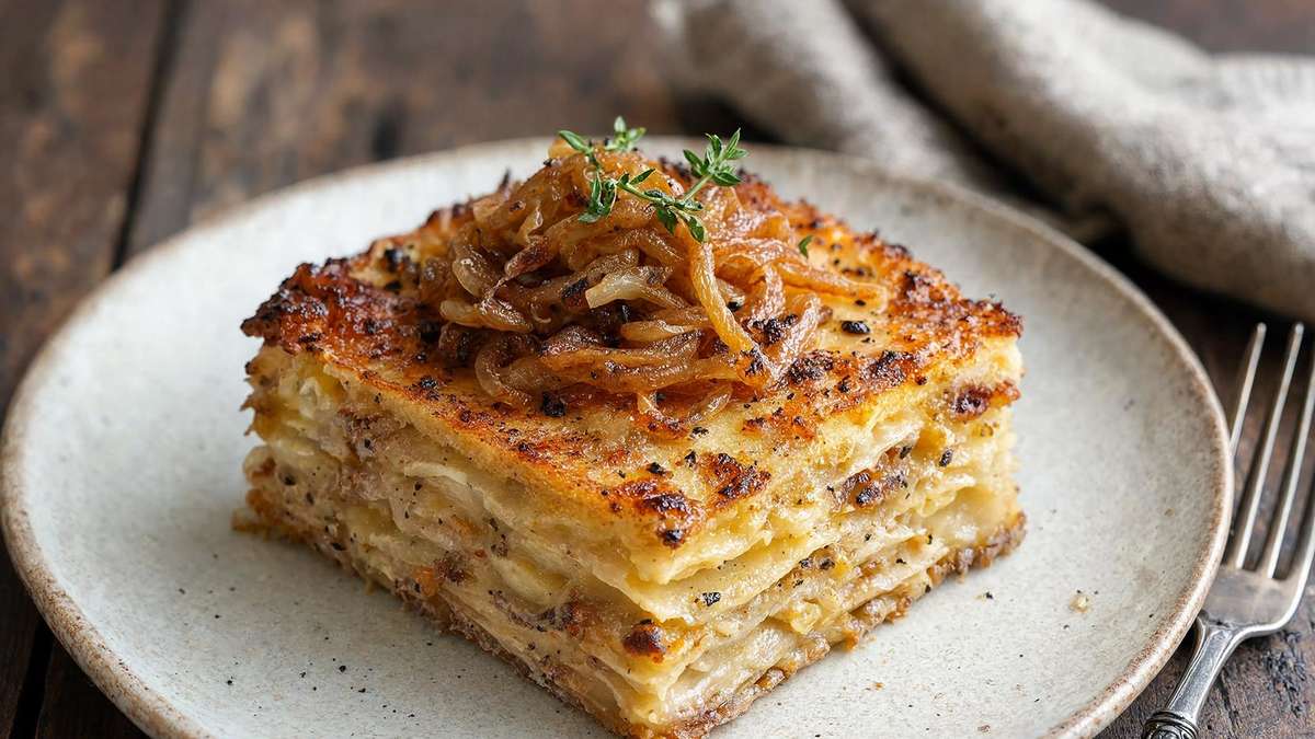 Potato millie feuille with garlic butter: crispy outside, buttery inside