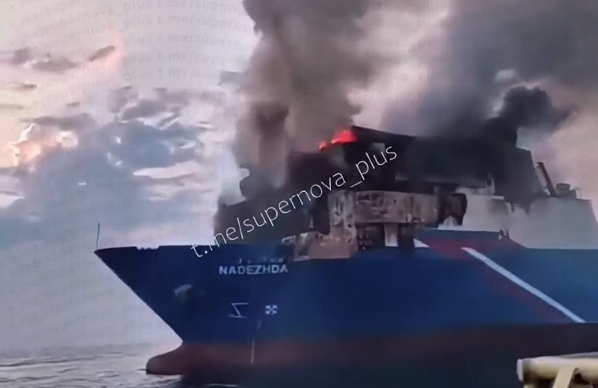 The Cameroon-flagged vessel Nadezhda was hit about 20 nautical miles from the Russian port of Navrasisk en route to Samsun, Turkey